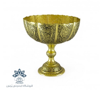 میوه خوری برنجی با نقش قلمزنی گل و مرغ