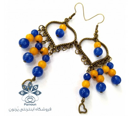 گوشواره نیلوفر ساخته شده با سنگ های جید آبی و خردلی روشن و فلزات رنگ برنز