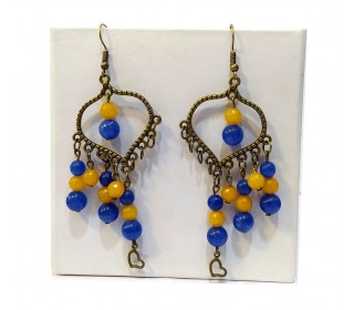 گوشواره نیلوفر ساخته شده با سنگ های جید آبی و خردلی روشن و فلزات رنگ برنز