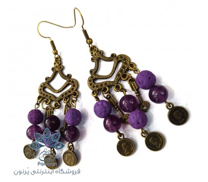 گوشواره دست ساز طرح یاس با مهره‌های جید و لاوا