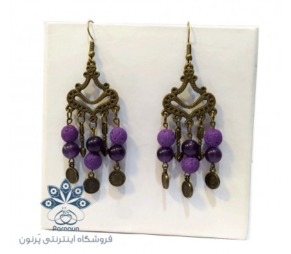 گوشواره دست ساز طرح یاس با مهره‌های جید و لاوا