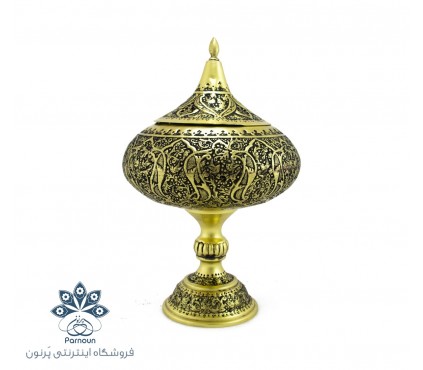 شکلات خوری | آجیل خوری درب دار قلمزنی پایه بلند طلایی