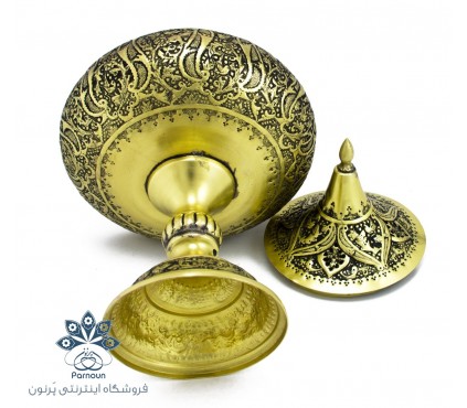 شکلات خوری | آجیل خوری درب دار قلمزنی پایه بلند طلایی