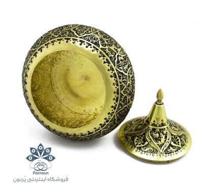 شکلات خوری | آجیل خوری درب دار قلمزنی پایه بلند طلایی