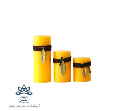 شمع 3 عددی استوانه ای تزئینی رنگ زرد با تزئین با جعبه زیبای کرافت