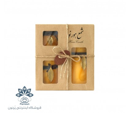شمع 3 عددی استوانه ای تزئینی رنگ زرد با تزئین با جعبه زیبای کرافت