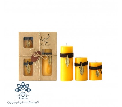 شمع 3 عددی استوانه ای تزئینی رنگ زرد با تزئین با جعبه زیبای کرافت