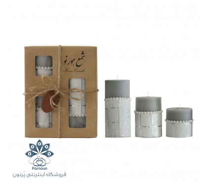 ست شمع 3 عددی استوانه ای تزئینی با رنگ طوسی و جعبه 