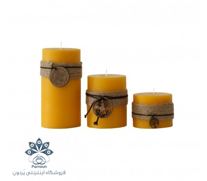 شمع زینتی 3 عددی قطر 8.5 سانتیمتر رنگ زرد با جعبه کرافت و نخ کنفی