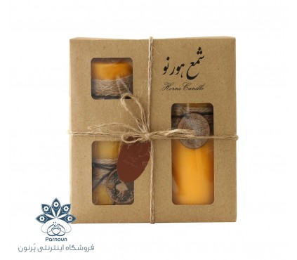 شمع زینتی 3 عددی قطر 8.5 سانتیمتر رنگ زرد با جعبه کرافت و نخ کنفی