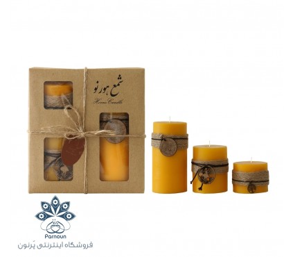 شمع زینتی 3 عددی قطر 8.5 سانتیمتر رنگ زرد با جعبه کرافت و نخ کنفی