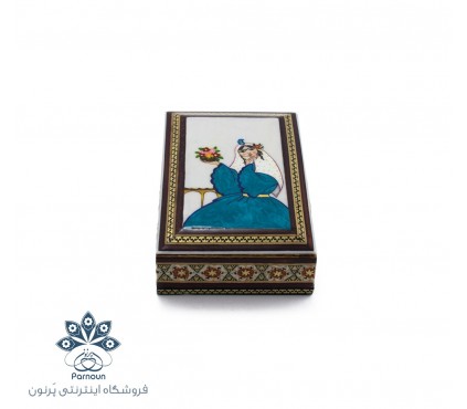 جعبه پاسور چوبی خاتم کاری و نگارگری شده اصفهان با درب کشویی