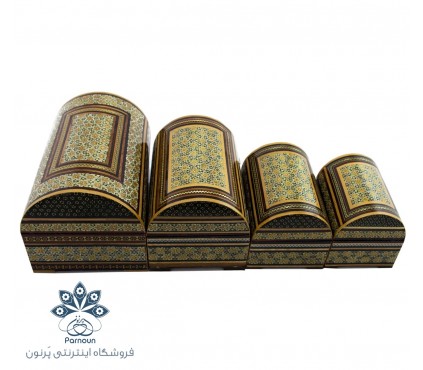 صندوقچه چوبی خاتم کاری شده با پوشش داخلی مخملی با رنگ قرمز