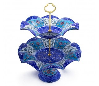 شیرینی خوری مسی 2 طبقه میناکاری شده با طرح پرداز