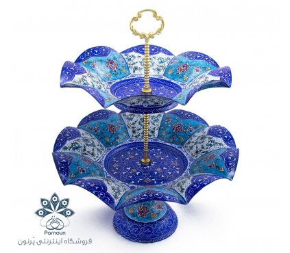 شیرینی خوری مسی 2 طبقه میناکاری شده با طرح پرداز