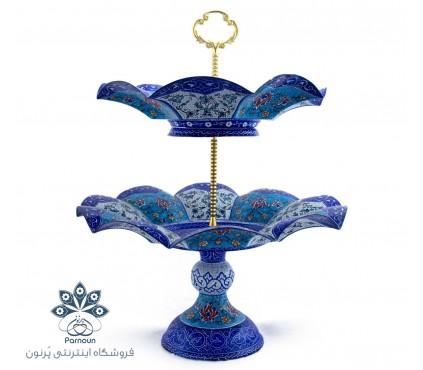 شیرینی خوری مسی 2 طبقه میناکاری شده با طرح پرداز