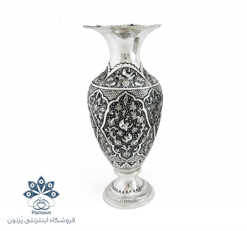 گلدان قلمزنی نقره نما و سیاه قلم 30 سانتیمتری