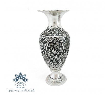 گلدان قلمزنی نقره نما و سیاه قلم 30 سانتیمتری