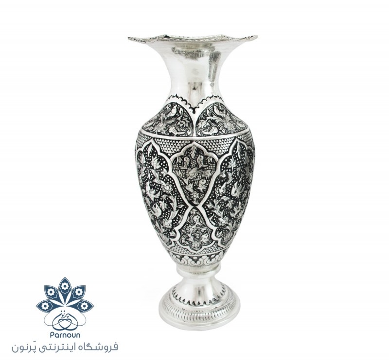 گلدان قلمزنی نقره نما و سیاه قلم 30 سانتیمتری