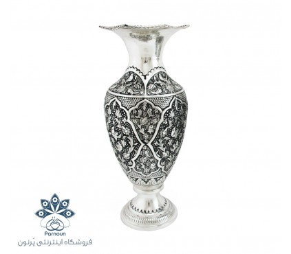 گلدان قلمزنی نقره نما و سیاه قلم 30 سانتیمتری