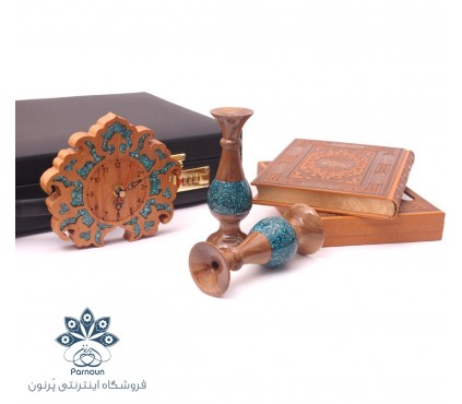 ست هدیه گلدان چوبی فیروزه کوب و ساعت چوبی