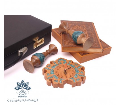 ست هدیه گلدان چوبی فیروزه کوب و ساعت چوبی