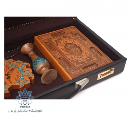ست هدیه گلدان چوبی فیروزه کوب و ساعت چوبی