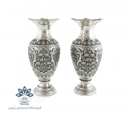 گلدان قلمزنی گل و مرغ طرح نقره سیاه قلم شده با ارتفاع 25 سانتیمتر