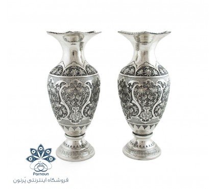 گلدان قلمزنی گل و مرغ طرح نقره سیاه قلم شده با ارتفاع 25 سانتیمتر