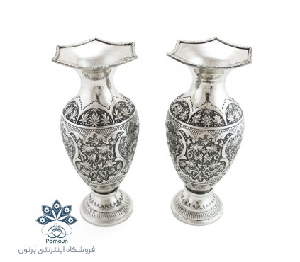 گلدان قلمزنی گل و مرغ طرح نقره سیاه قلم شده با ارتفاع 25 سانتیمتر