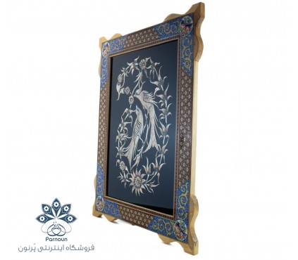 تابلو قلمزنی 40 در 50 با قاب خاتم کاری و نگارگری سنتی