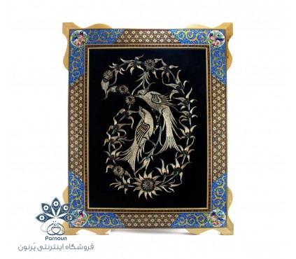 تابلو قلمزنی 40 در 50 با قاب خاتم کاری و نگارگری سنتی