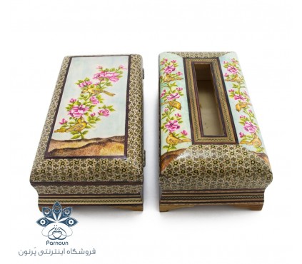 ست جعبه دستمال کاغذی و جا قاشقی و چنگالی خاتم و نگارگری شده اعلا