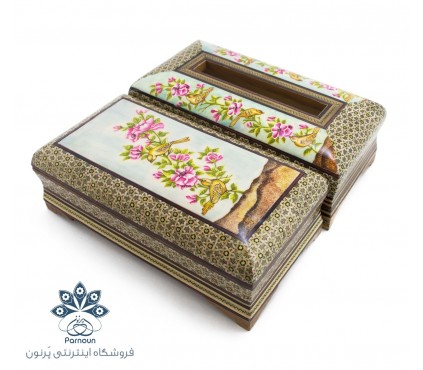 ست جعبه دستمال کاغذی و جا قاشقی و چنگالی خاتم و نگارگری شده اعلا
