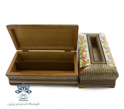 ست جعبه دستمال کاغذی و جا قاشقی و چنگالی خاتم و نگارگری شده اعلا