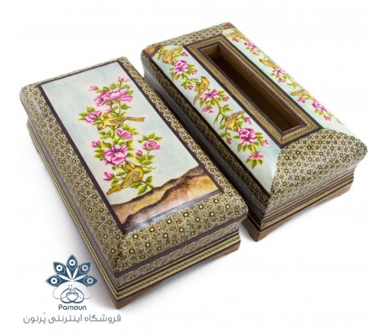 ست جعبه دستمال کاغذی و جا قاشقی و چنگالی خاتم و نگارگری شده اعلا