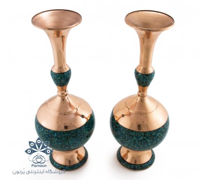  2 عدد گلدان مسی فیروزه کوبی با ارتفاع 31 سانتیمتر 
