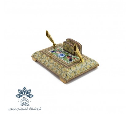 جا قلمی رومیزی خاتم و نقاشی با 2 عدد جای خودکار و برگه یاداشت