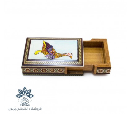 جعبه چوبی خاتم و نقاشی با درب کشویی مناسب برای جعبه جواهر، هدیه و پاسور
