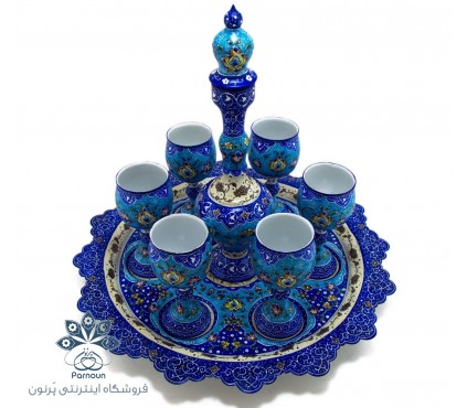 سرویس شراب خوری مینا- تنگ، 6 عدد جام و یک سینی میناکاری شده