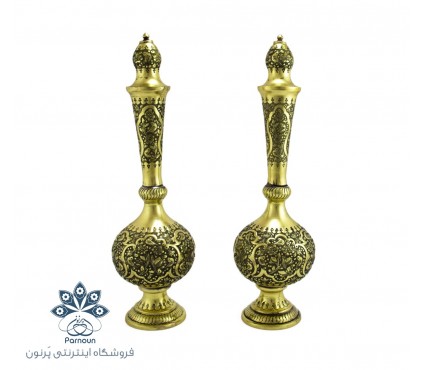 جفت تنگ برنجی 34 سانتی با قلمزنی گل و مرغ و سیاه قلم