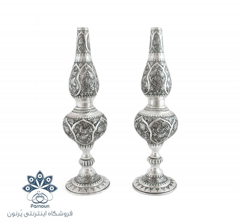 چراغ نفتی برنجی قلمزنی شده طرح نقره اصفهان