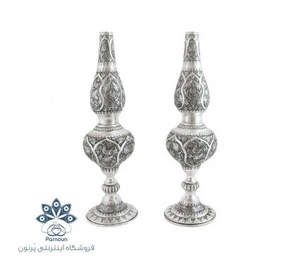 چراغ نفتی برنجی قلمزنی شده طرح نقره اصفهان