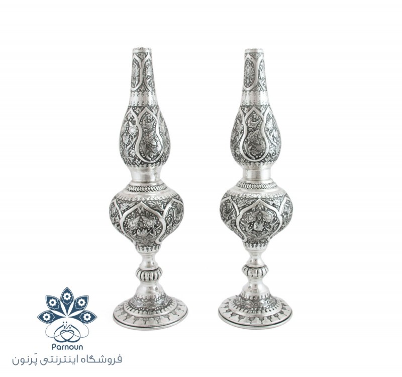 چراغ نفتی برنجی قلمزنی شده طرح نقره اصفهان