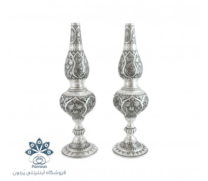 چراغ نفتی برنجی قلمزنی شده طرح نقره اصفهان
