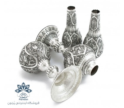 چراغ نفتی برنجی قلمزنی شده طرح نقره اصفهان