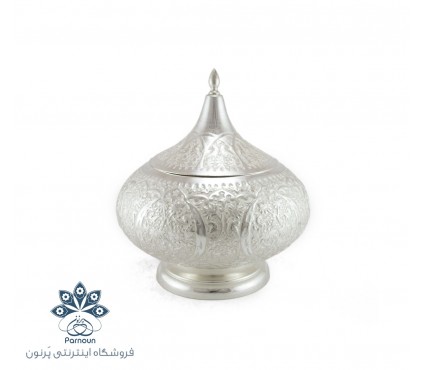 شکلات خوری نقره نما با طرح قلمزنی گل و مرغ