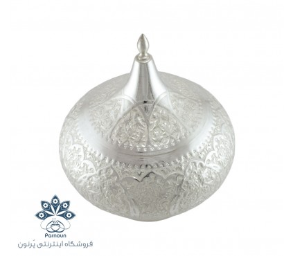 شکلات خوری نقره نما با طرح قلمزنی گل و مرغ