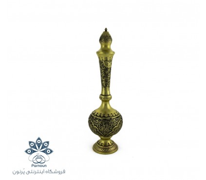 جفت تنگ برنجی 34 سانتی با قلمزنی گل و مرغ و سیاه قلم