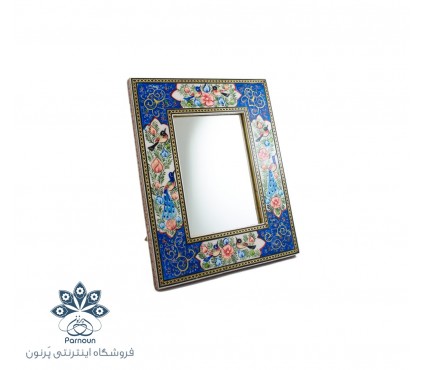 آینه رومیزی با قاب چوبی خاتم و نقاشی شده 22 در 27 سانتیمتری